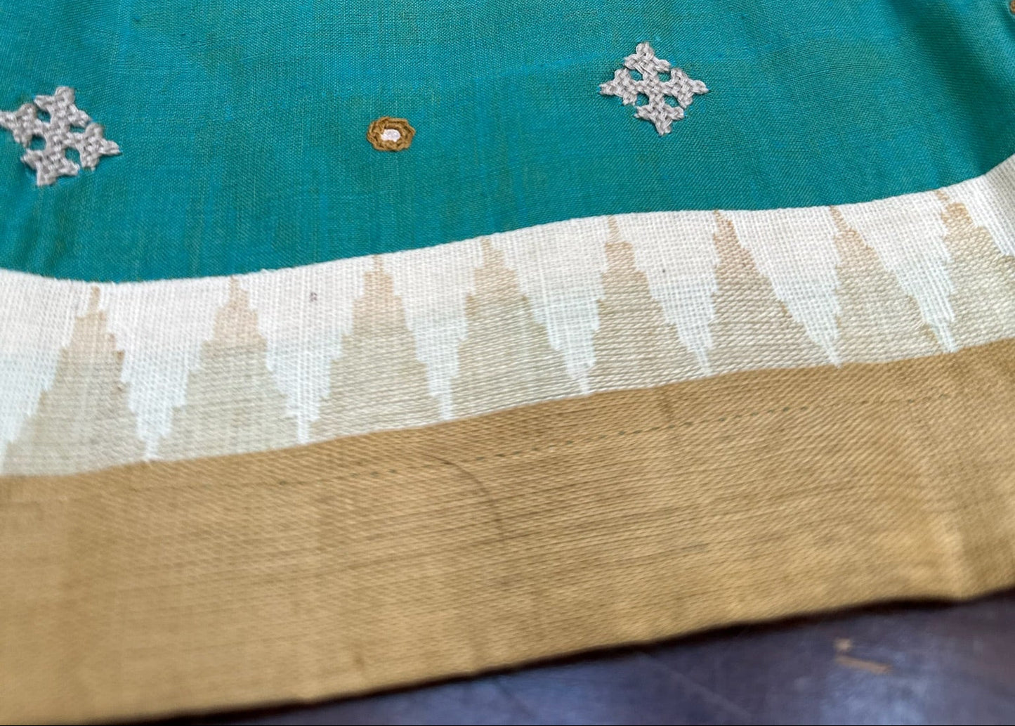 Teal & Olive Handloom Cotton-Silk Traditional Artwork Blouse with Heritage Embroidery