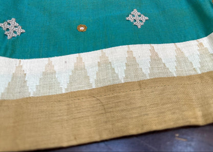 Teal & Olive Handloom Cotton-Silk Traditional Artwork Blouse with Heritage Embroidery