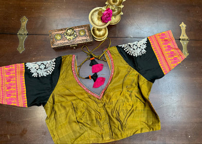 Olive Green & Black Pure Silk Traditional Artwork Blouse with Embroidered Sleeves