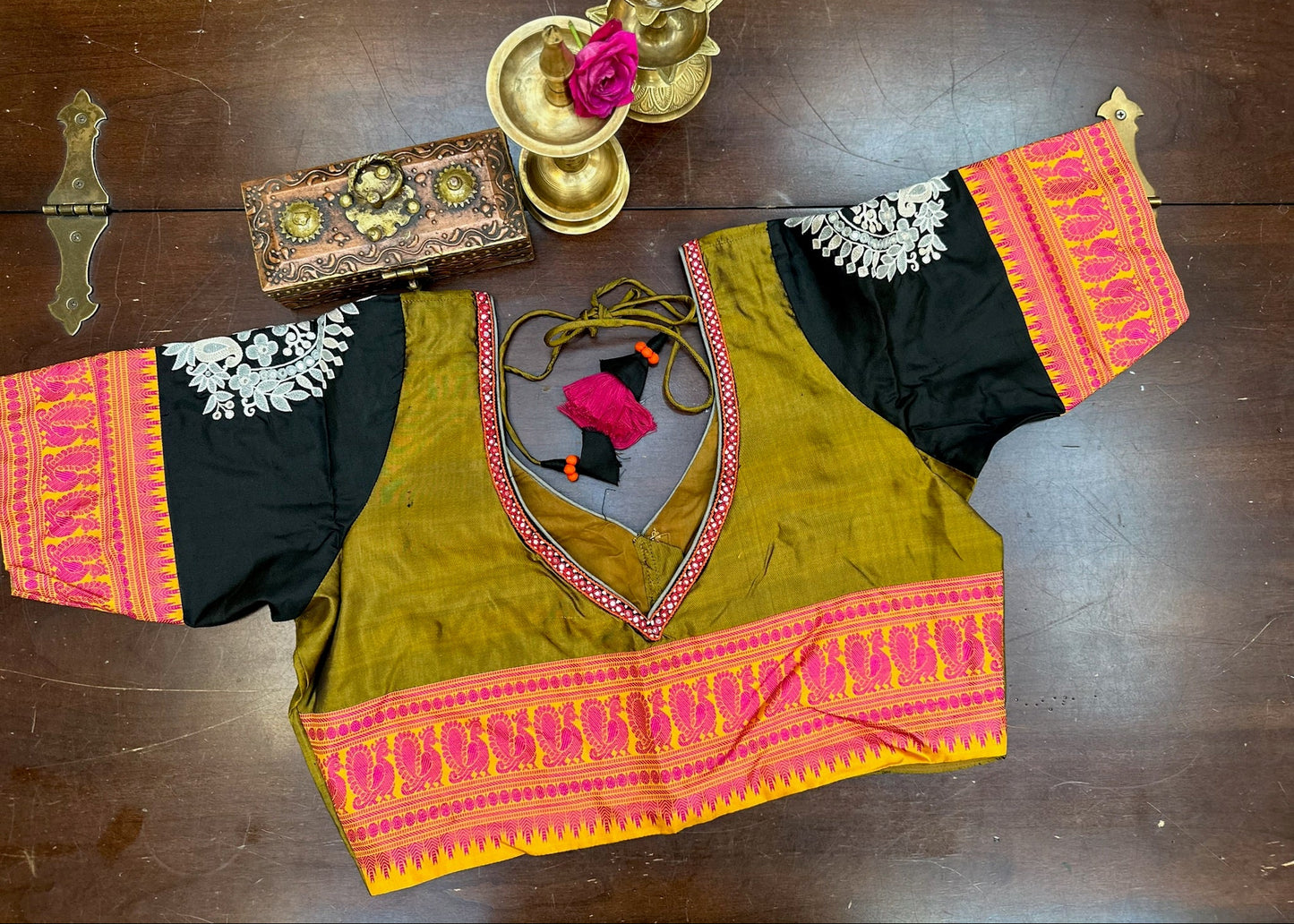 Olive Green & Black Pure Silk Traditional Artwork Blouse with Embroidered Sleeves