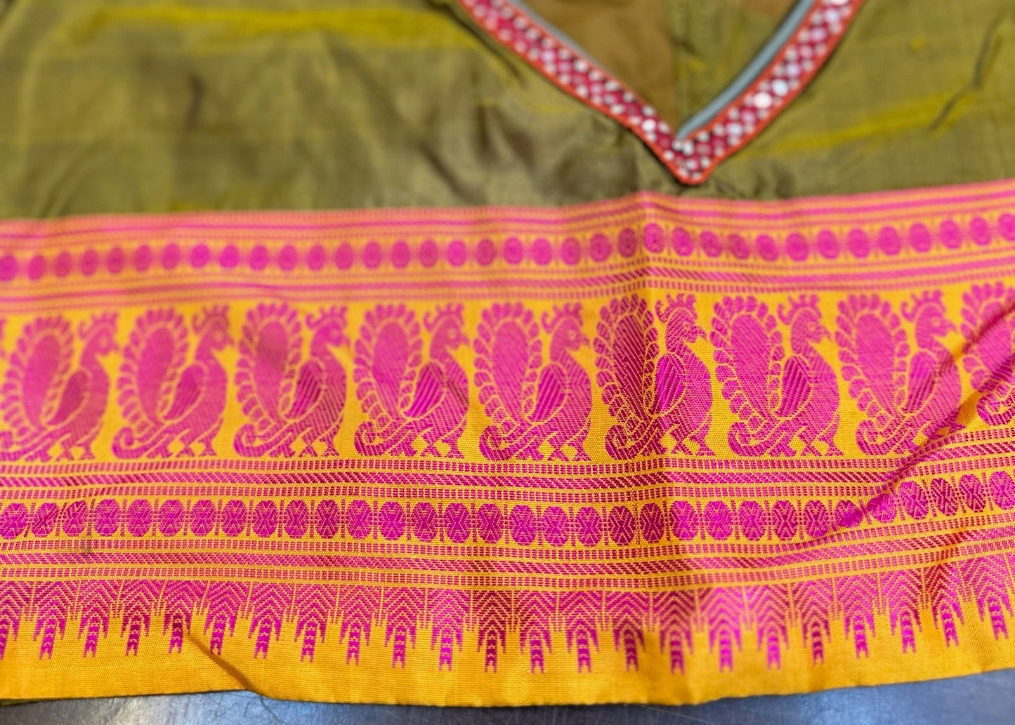 Olive Green & Black Pure Silk Traditional Artwork Blouse with Embroidered Sleeves