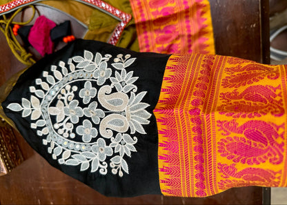 Olive Green & Black Pure Silk Traditional Artwork Blouse with Embroidered Sleeves