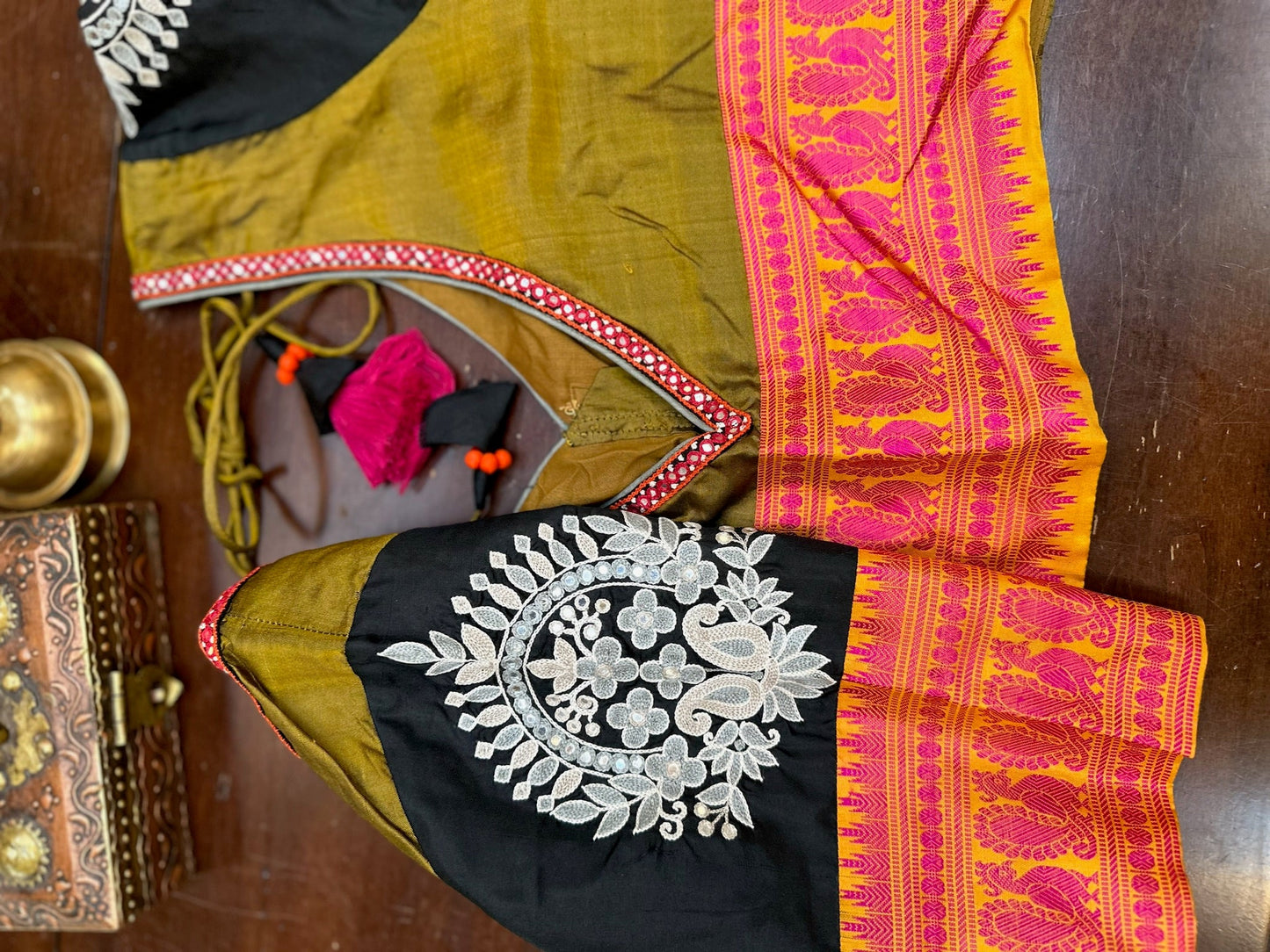 Olive Green & Black Pure Silk Traditional Artwork Blouse with Embroidered Sleeves