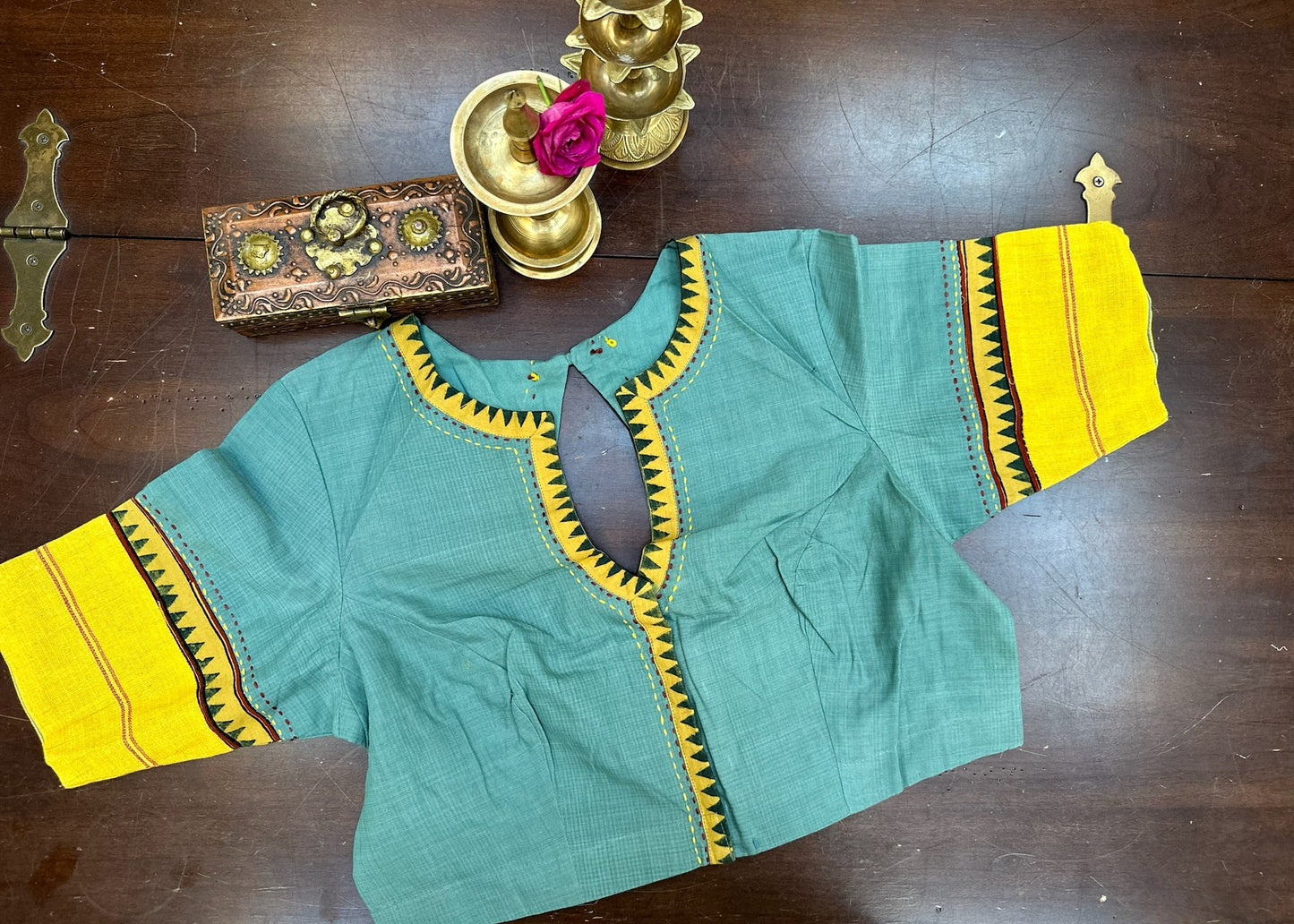 Handloom Silk Designer Blouse in Teal & Mustard with Tribal Border Detailing