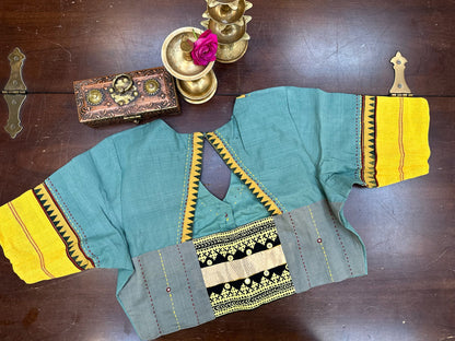 Handloom Silk Designer Blouse in Teal & Mustard with Tribal Border Detailing