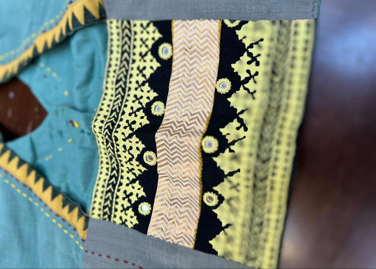 Handloom Silk Designer Blouse in Teal & Mustard with Tribal Border Detailing