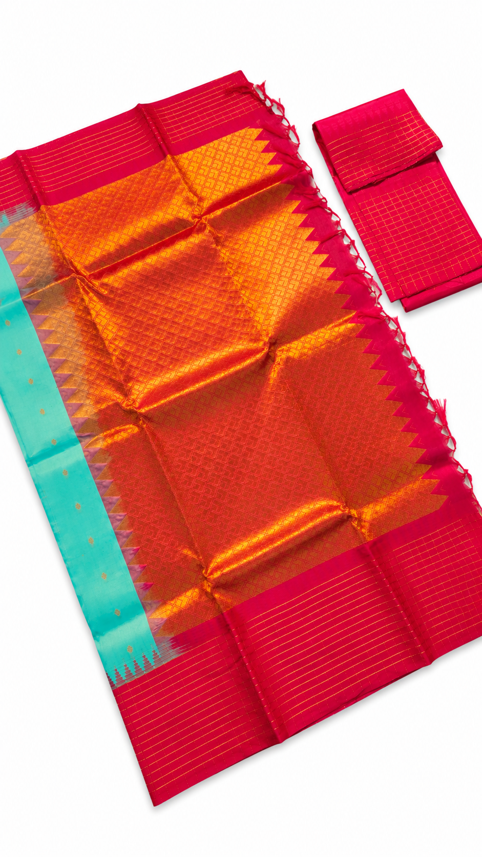 Aqua Blue Gadwal Pure Silk Saree with Rani Pink Zari Border & Grand Gold Brocade Pallu