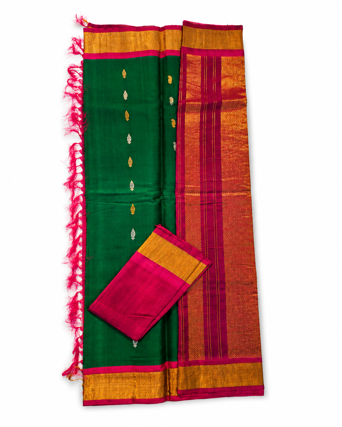 Emerald Green Gadwal Pure Silk Saree with Rani Pink Zari Border & Heritage Pallu