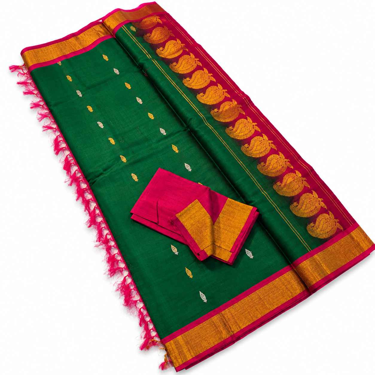 Emerald Green Gadwal Pure Silk Saree with Rani Pink Zari Border & Heritage Pallu