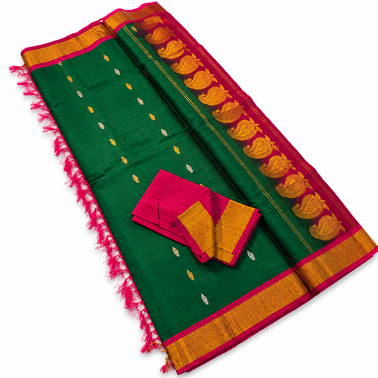 Emerald Green Gadwal SICO Saree with Rani Pink Zari Border & Heritage Pallu