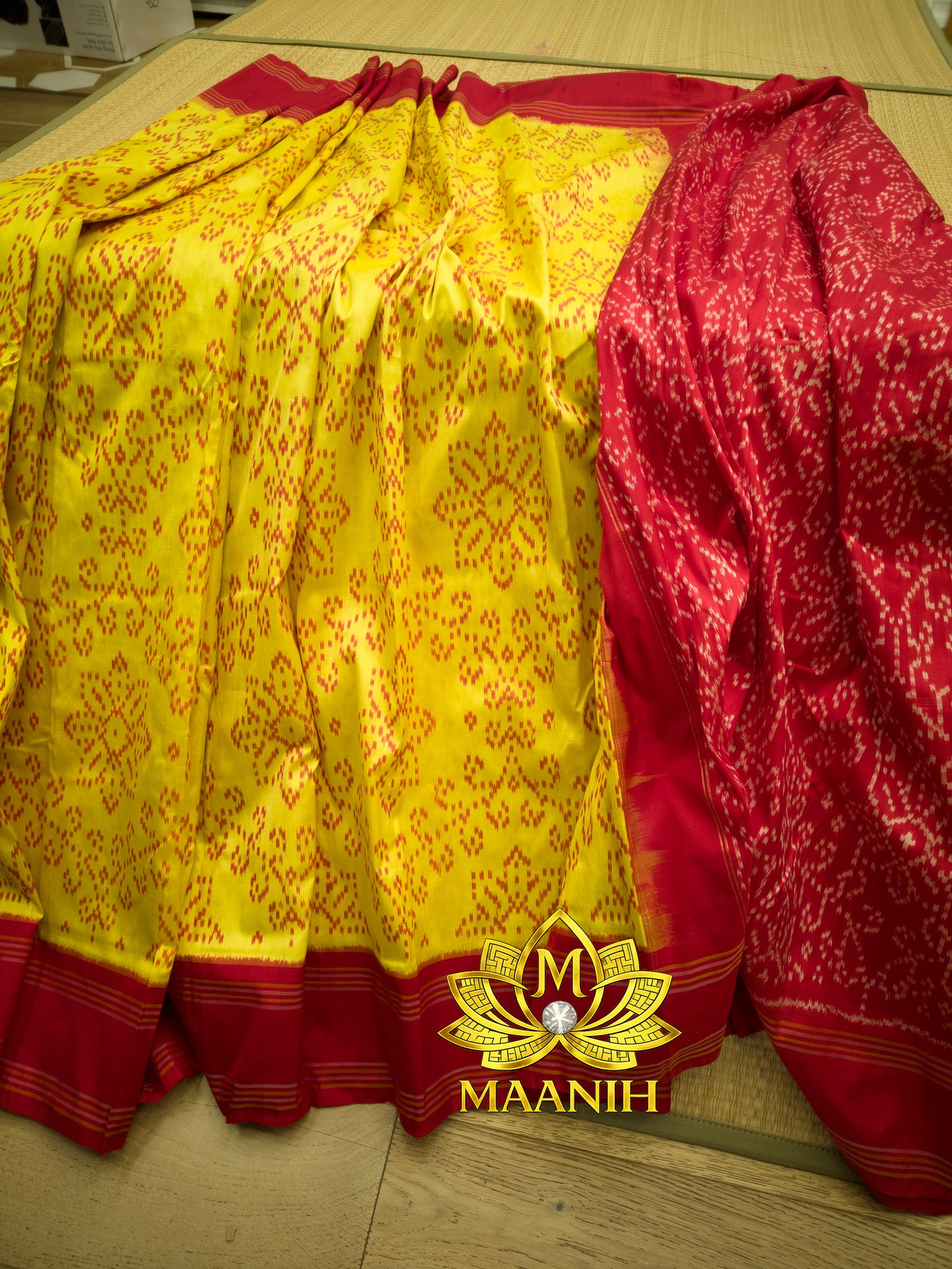Lemon Yellow & Rani Pink Pochampally Ikat Pure Silk Saree | Handwoven Telangana Silk
