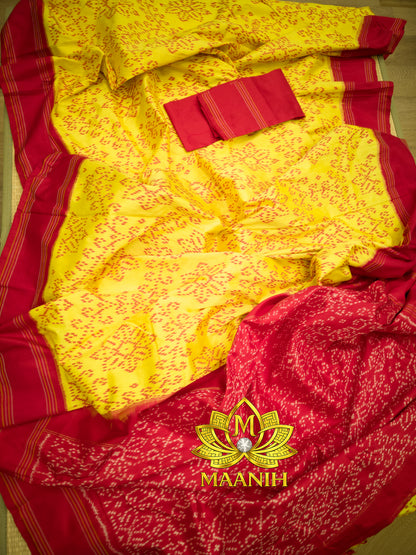 Lemon Yellow & Rani Pink Pochampally Ikat Pure Silk Saree | Handwoven Telangana Silk