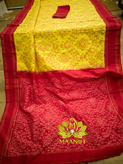 Lemon Yellow & Rani Pink Pochampally Ikat Pure Silk Saree | Handwoven Telangana Silk